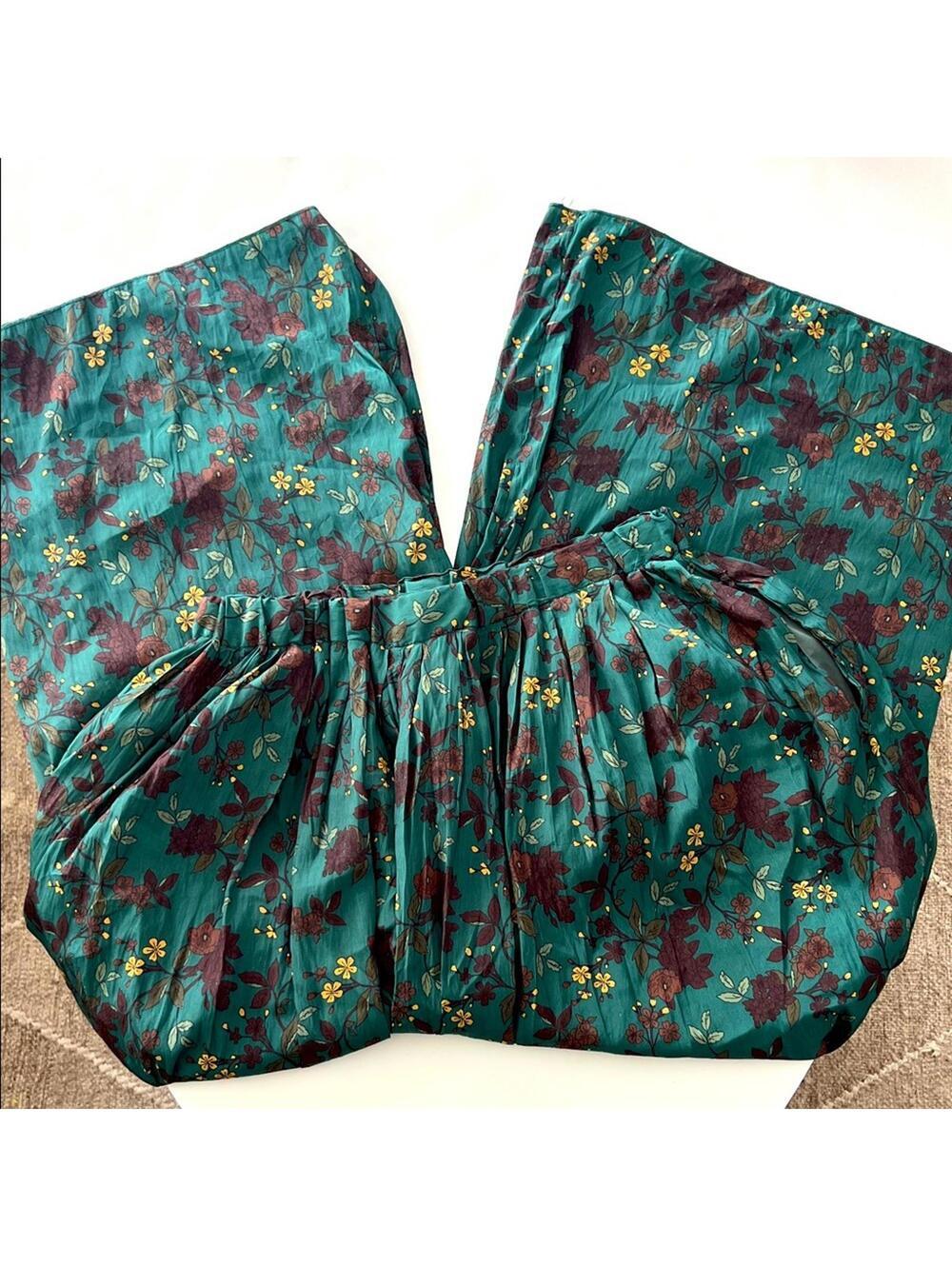 Niko And… Japanese Wide Leg Printed Teal Green Flowy Pull On Pants Size 4